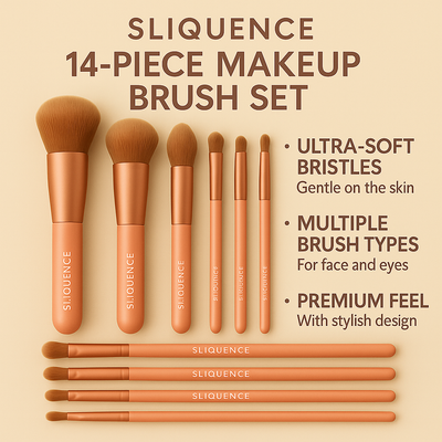 Sliqeuence 14pcs Wood Handle Makeup Brush Set